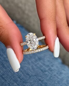 3 CT Oval Cut Lab Grown Diamond Engagement Ring Set, 14K Yellow Gold Bridal Ring with Diamond Wedding Band