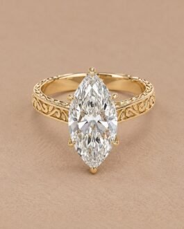 3 CT Marquise Cut IGI Certified Lab Grown Diamond Engagement Ring, E Color VVS2, Yellow Gold Filigree Bridal Ring
