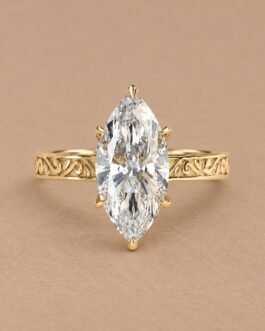 3 CT Marquise Cut IGI Certified Lab Grown Diamond Engagement Ring, E Color VVS2, Yellow Gold Filigree Bridal Ring